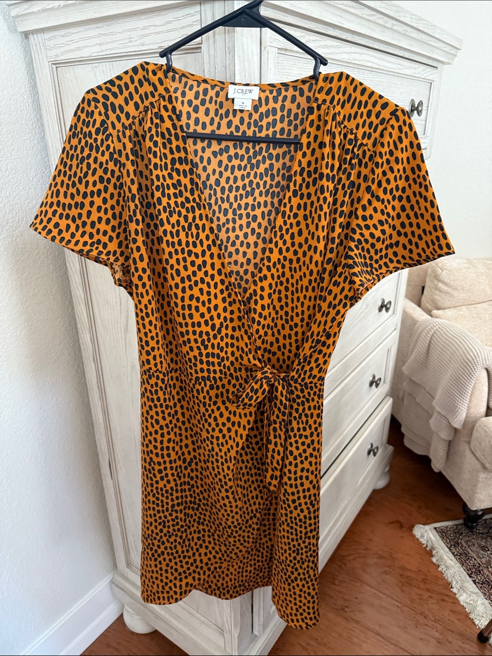 J. Crew Black Spotted Orange Tie-Waist Mini Dress